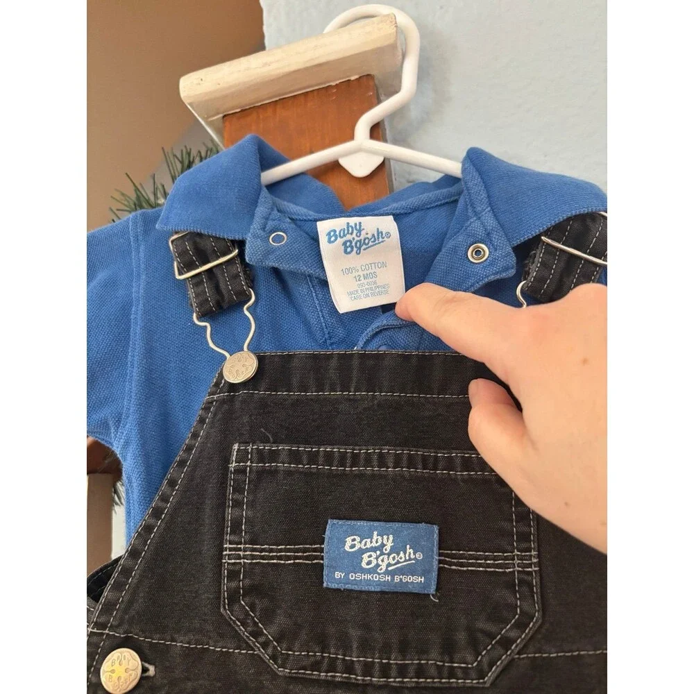 12 mths vintage baby Oshkosh b’gosh black overalls outfit car onesie